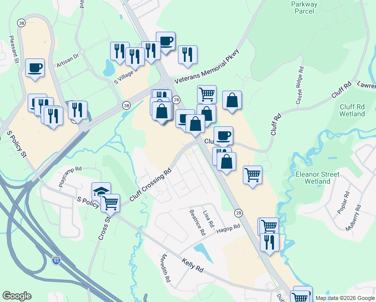 map of restaurants, bars, coffee shops, grocery stores, and more near 99 Cluff Crossing Road in Salem