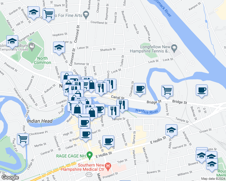 map of restaurants, bars, coffee shops, grocery stores, and more near 4 Martin Street in Nashua