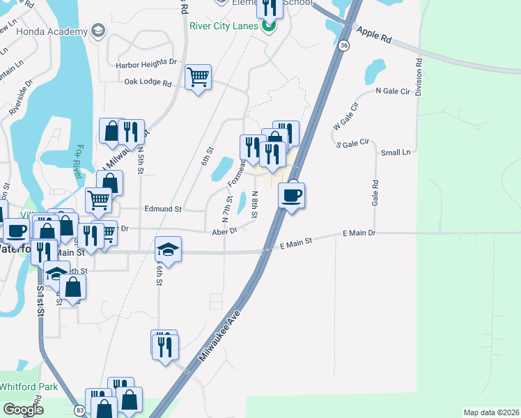 map of restaurants, bars, coffee shops, grocery stores, and more near 813 Fox Lane in Waterford