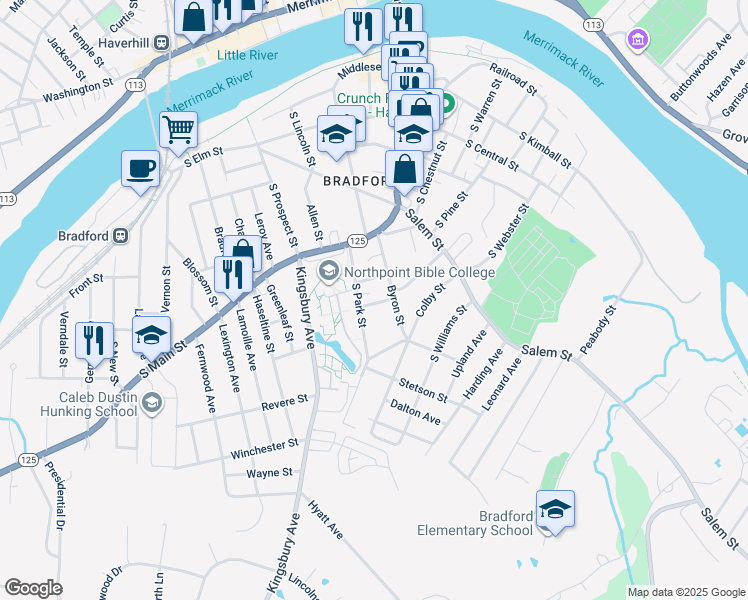 map of restaurants, bars, coffee shops, grocery stores, and more near 11 Euclid Avenue in Haverhill