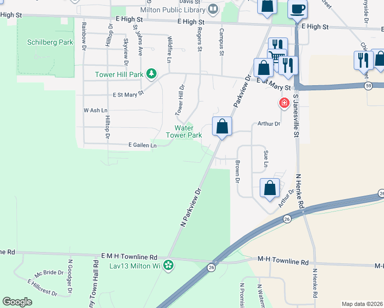map of restaurants, bars, coffee shops, grocery stores, and more near 433 Woodcrest Lane in Milton