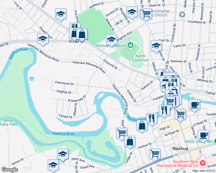 map of restaurants, bars, coffee shops, grocery stores, and more near 2 Hillcrest Avenue in Nashua