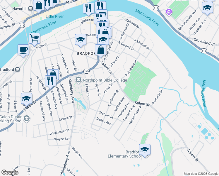 map of restaurants, bars, coffee shops, grocery stores, and more near 14 Colby Street in Haverhill