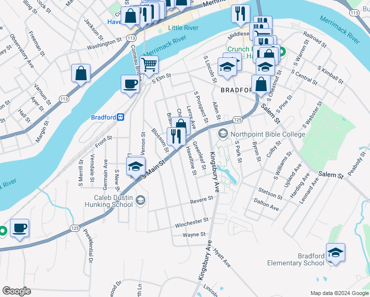 map of restaurants, bars, coffee shops, grocery stores, and more near 11 Greenleaf Street in Haverhill