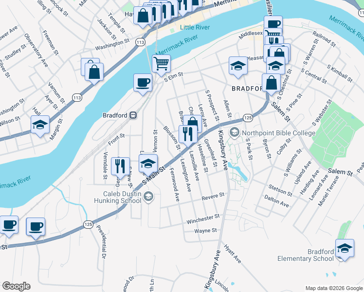 map of restaurants, bars, coffee shops, grocery stores, and more near 399 South Main Street in Haverhill