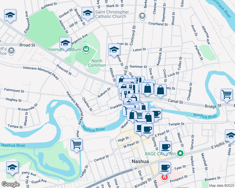 map of restaurants, bars, coffee shops, grocery stores, and more near 5 Beard Street in Nashua