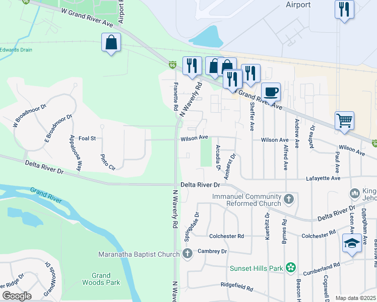 map of restaurants, bars, coffee shops, grocery stores, and more near 3056 North Waverly Road in Lansing