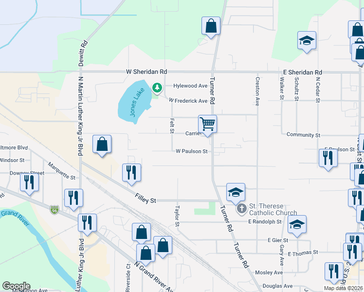 map of restaurants, bars, coffee shops, grocery stores, and more near 424 West Paulson Street in Lansing