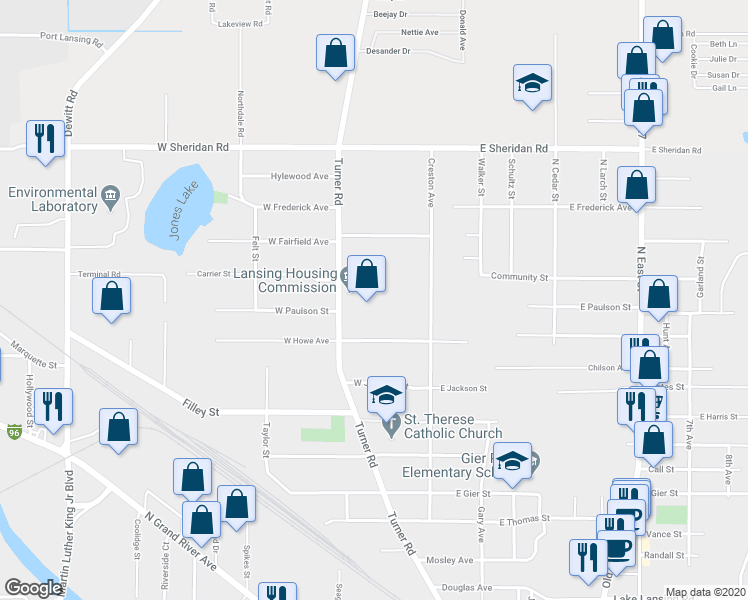 map of restaurants, bars, coffee shops, grocery stores, and more near 3110 Turner Road in Lansing