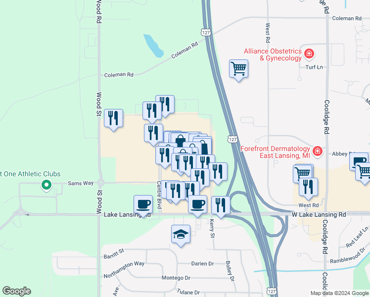 map of restaurants, bars, coffee shops, grocery stores, and more near 2500 Showtime Drive in Lansing