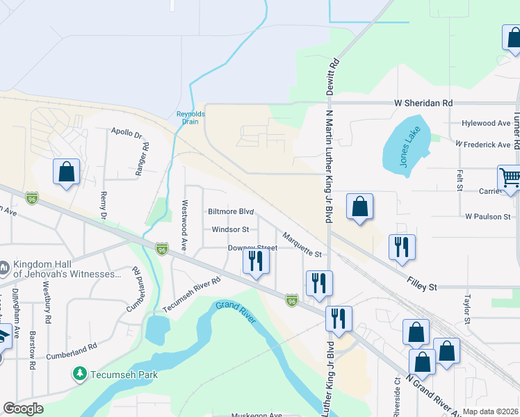 map of restaurants, bars, coffee shops, grocery stores, and more near 1436 Marquette Street in Lansing