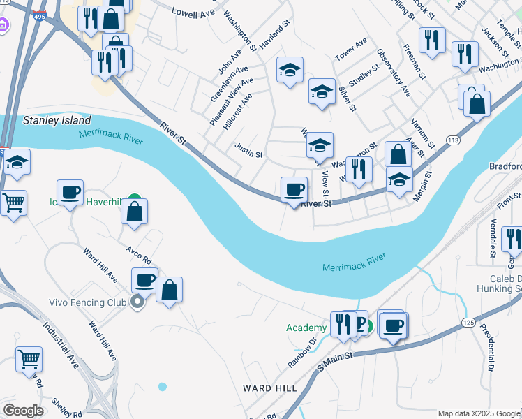 map of restaurants, bars, coffee shops, grocery stores, and more near 600 River Street in Haverhill