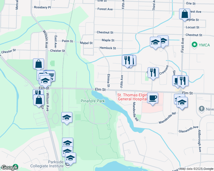 map of restaurants, bars, coffee shops, grocery stores, and more near 38 Elmina Street in Saint Thomas