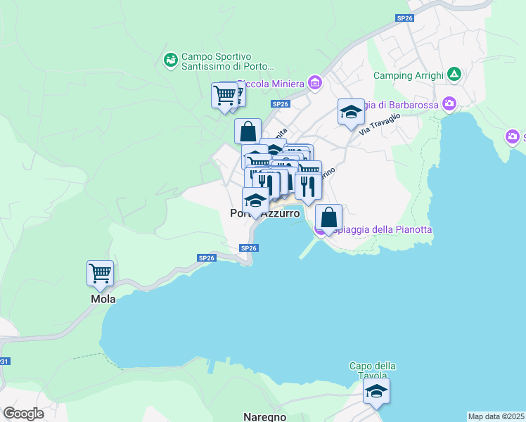 map of restaurants, bars, coffee shops, grocery stores, and more near 17 Viale Italia in Porto Azzurro