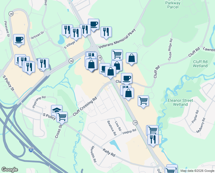map of restaurants, bars, coffee shops, grocery stores, and more near 99 Cluff Crossing Road in Salem