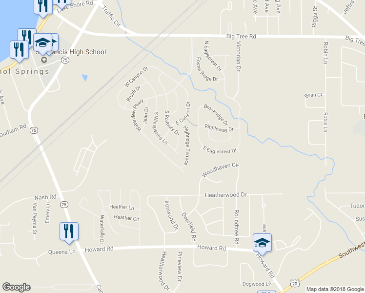 map of restaurants, bars, coffee shops, grocery stores, and more near 76 South Whispering Lane in Hamburg
