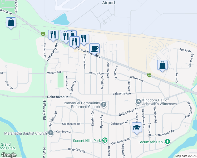 map of restaurants, bars, coffee shops, grocery stores, and more near 3100 Young Avenue in Lansing