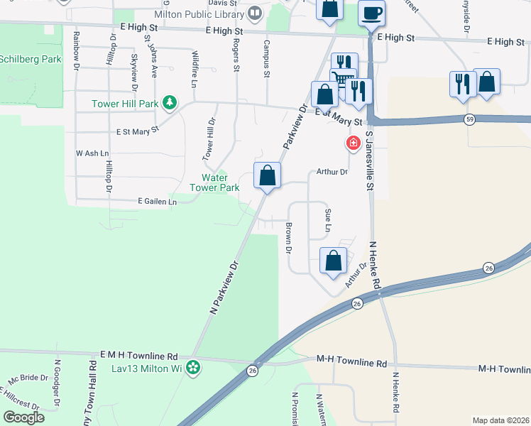 map of restaurants, bars, coffee shops, grocery stores, and more near 1116 North Parkview Drive in Milton