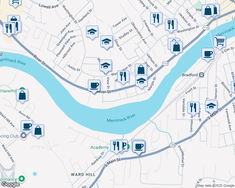 map of restaurants, bars, coffee shops, grocery stores, and more near 472 River Street in Haverhill