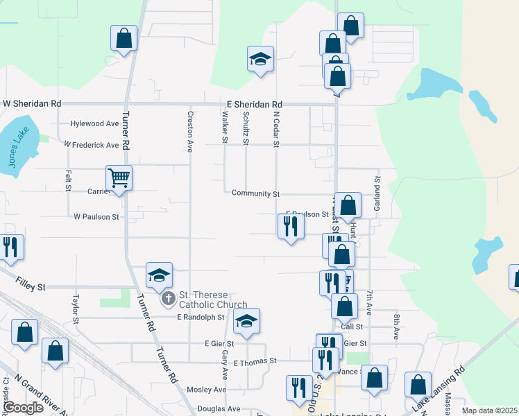 map of restaurants, bars, coffee shops, grocery stores, and more near 423 E Paulson St in Lansing