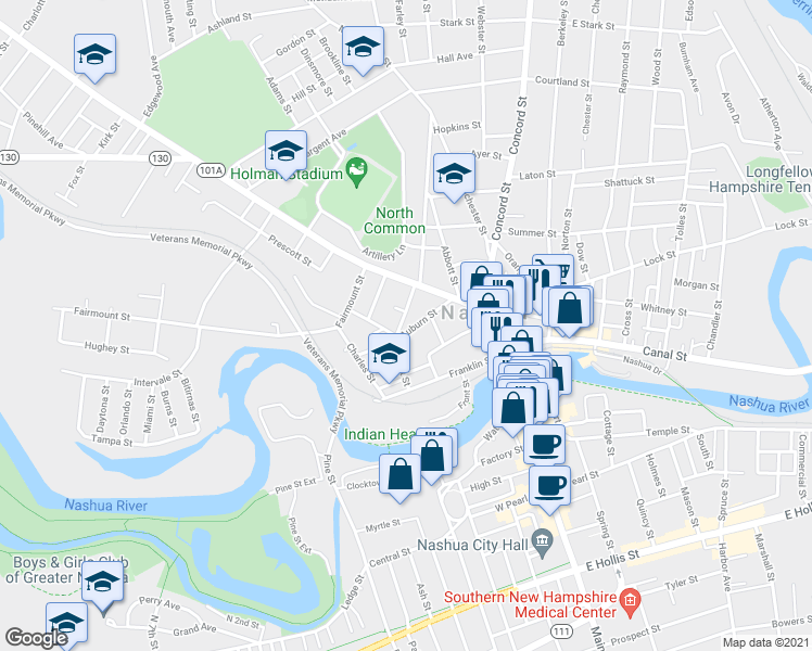 map of restaurants, bars, coffee shops, grocery stores, and more near 16 Beacon Street in Nashua