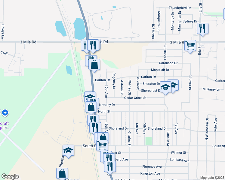 map of restaurants, bars, coffee shops, grocery stores, and more near 3626 Regency Drive in Racine