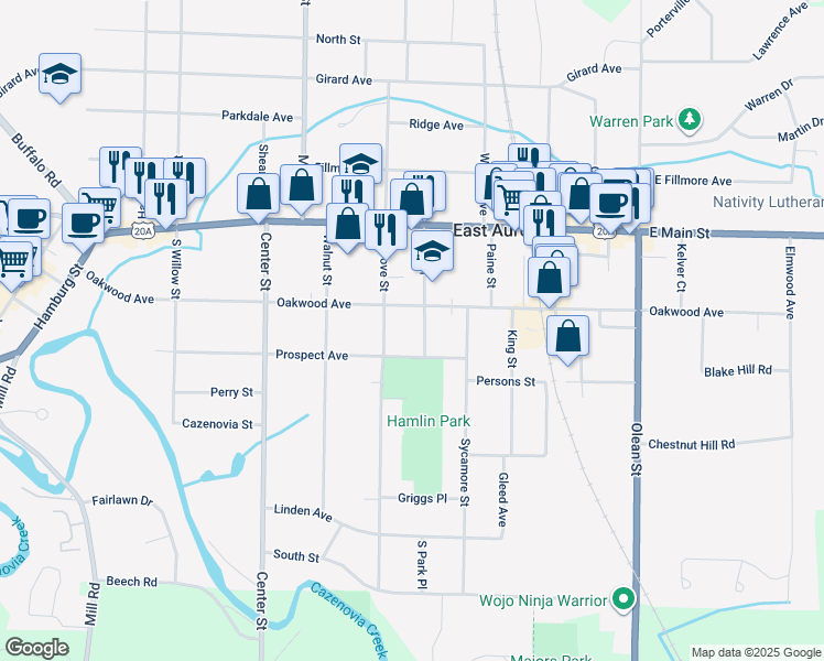 map of restaurants, bars, coffee shops, grocery stores, and more near 109 Park Place in East Aurora