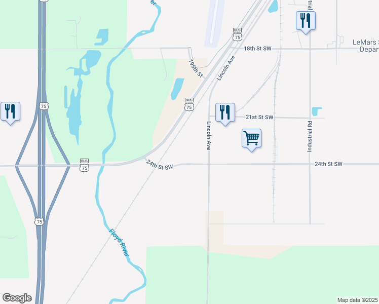 map of restaurants, bars, coffee shops, grocery stores, and more near 1755 24th Steet Southwest in Le Mars