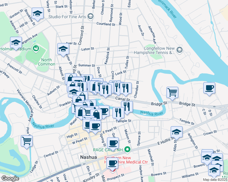 map of restaurants, bars, coffee shops, grocery stores, and more near 7 Cross Street in Nashua