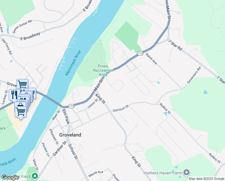 map of restaurants, bars, coffee shops, grocery stores, and more near 1 Manor Drive in Groveland