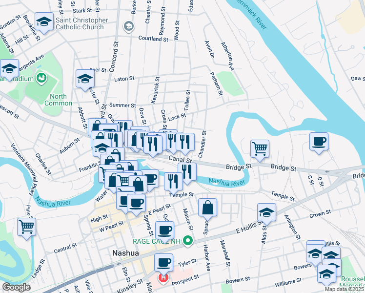 map of restaurants, bars, coffee shops, grocery stores, and more near 23 Tolles Street in Nashua