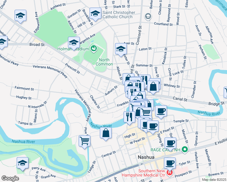 map of restaurants, bars, coffee shops, grocery stores, and more near 16 Beacon Street in Nashua