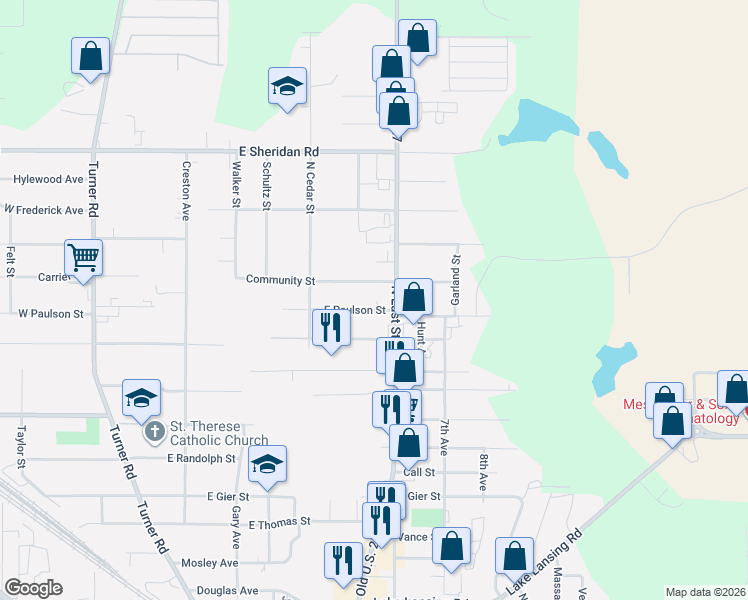 map of restaurants, bars, coffee shops, grocery stores, and more near 3113 North East Street in Lansing