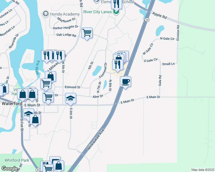 map of restaurants, bars, coffee shops, grocery stores, and more near 302 North 8th Street in Waterford