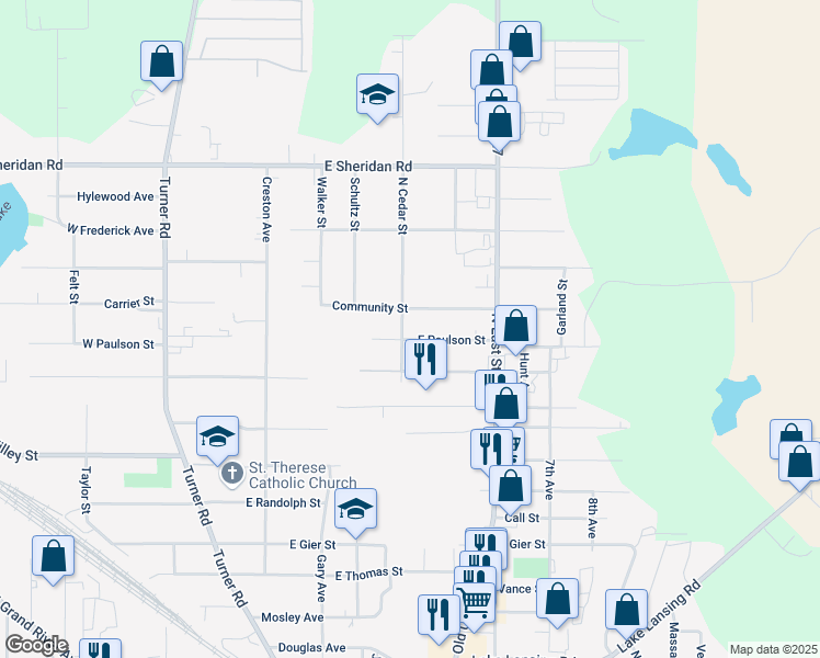 map of restaurants, bars, coffee shops, grocery stores, and more near 3108 North Cedar Street in Lansing
