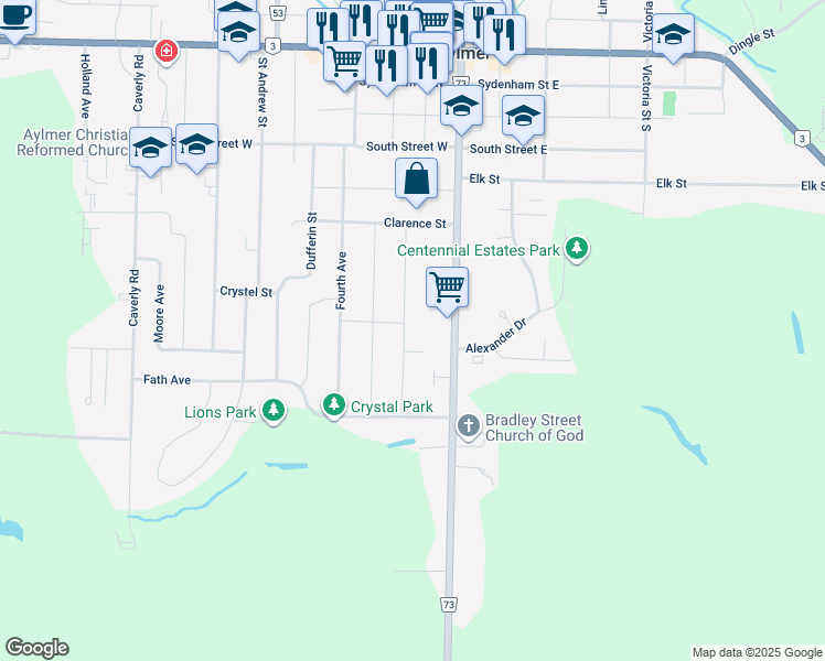 map of restaurants, bars, coffee shops, grocery stores, and more near 63 York Street in Aylmer