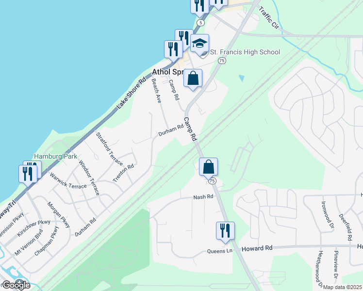 map of restaurants, bars, coffee shops, grocery stores, and more near 4400 Camp Rd in Hamburg