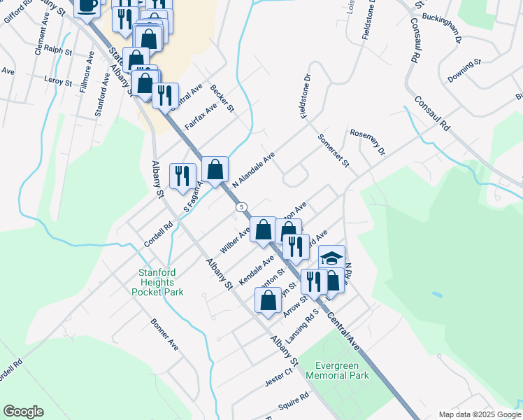 map of restaurants, bars, coffee shops, grocery stores, and more near 2241 Central Avenue in Schenectady