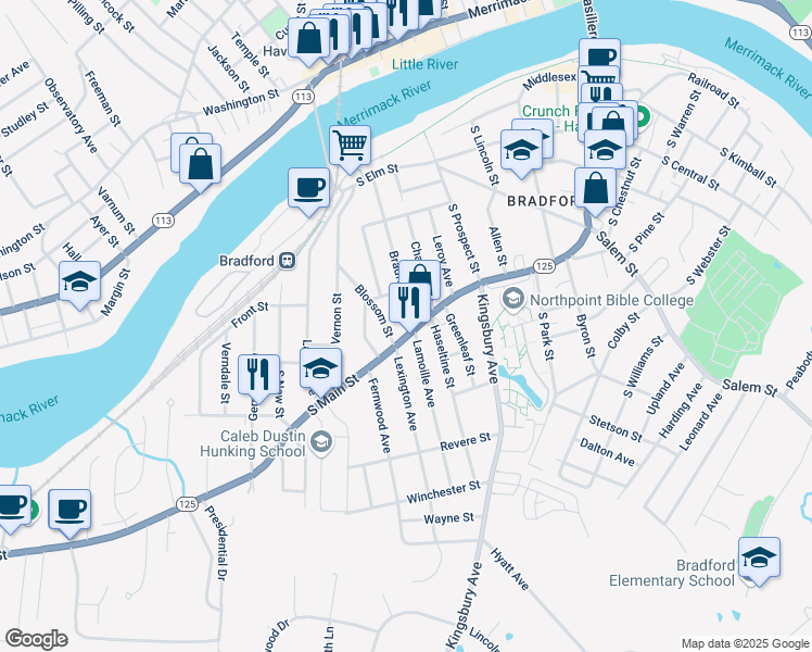 map of restaurants, bars, coffee shops, grocery stores, and more near 399 South Main Street in Haverhill