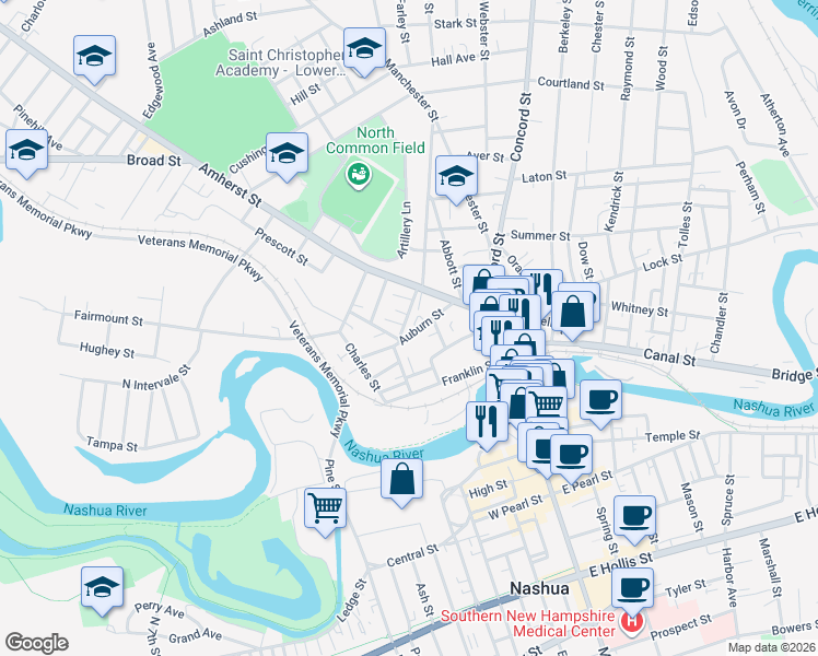 map of restaurants, bars, coffee shops, grocery stores, and more near 16 Beacon Street in Nashua