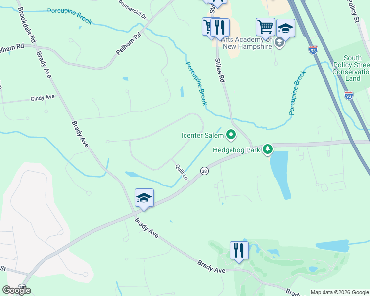 map of restaurants, bars, coffee shops, grocery stores, and more near 29 Porcupine Circle in Salem