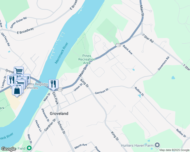map of restaurants, bars, coffee shops, grocery stores, and more near 1 Manor Drive in Groveland