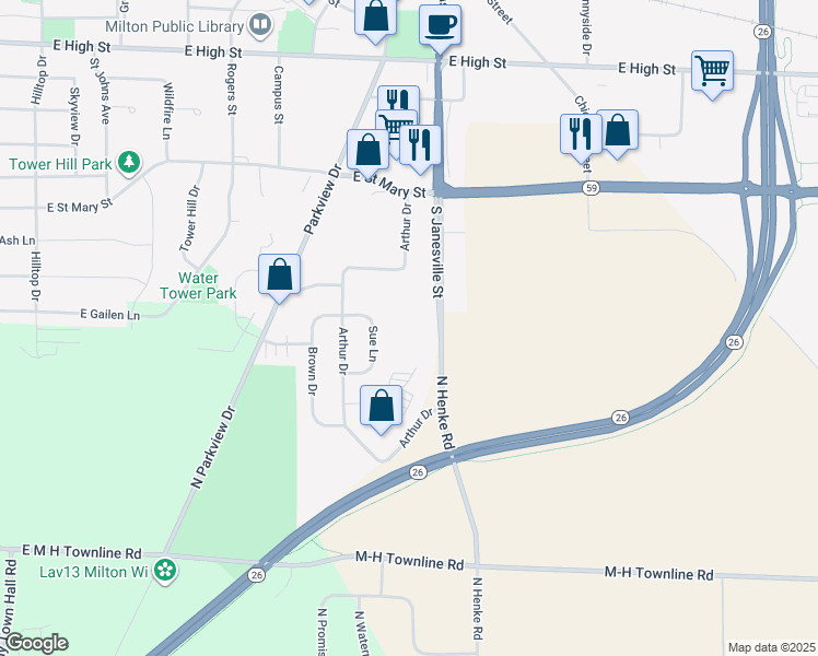 map of restaurants, bars, coffee shops, grocery stores, and more near 1101 South Janesville Street in Milton