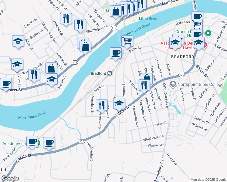 map of restaurants, bars, coffee shops, grocery stores, and more near 54 Laurel Avenue in Haverhill