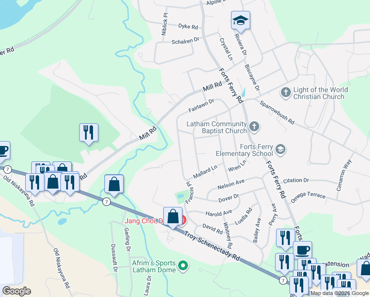 map of restaurants, bars, coffee shops, grocery stores, and more near 66 Fairlawn Drive in Latham