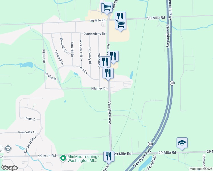 map of restaurants, bars, coffee shops, grocery stores, and more near 64007 Van Dyke in Washington