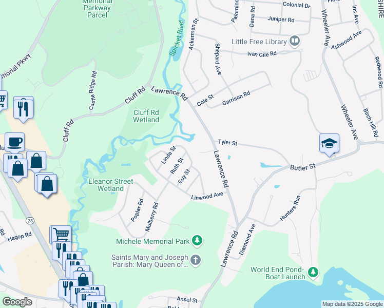 map of restaurants, bars, coffee shops, grocery stores, and more near 23 Linda Street in Salem