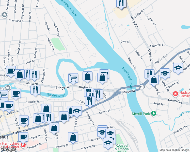 map of restaurants, bars, coffee shops, grocery stores, and more near 10 Sanders Street in Nashua