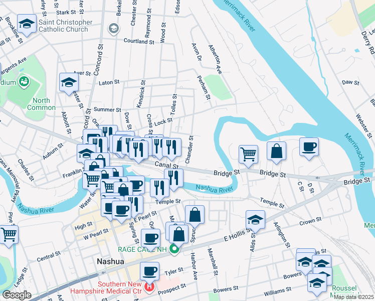 map of restaurants, bars, coffee shops, grocery stores, and more near 79 Whitney Street in Nashua