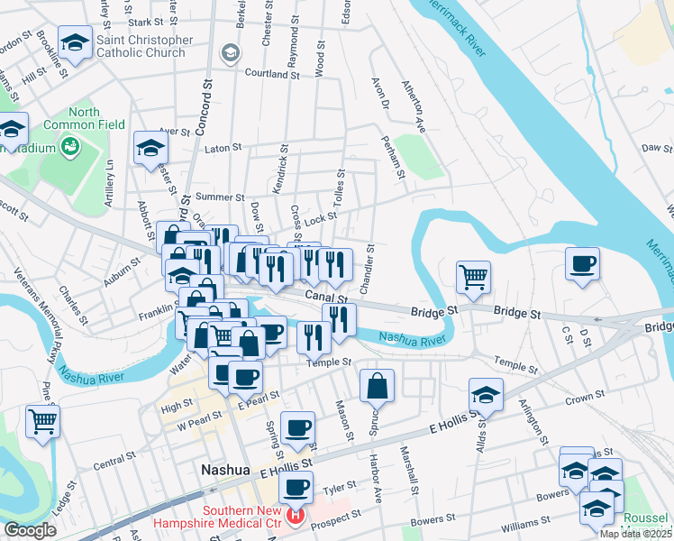 map of restaurants, bars, coffee shops, grocery stores, and more near 23 Tolles Street in Nashua